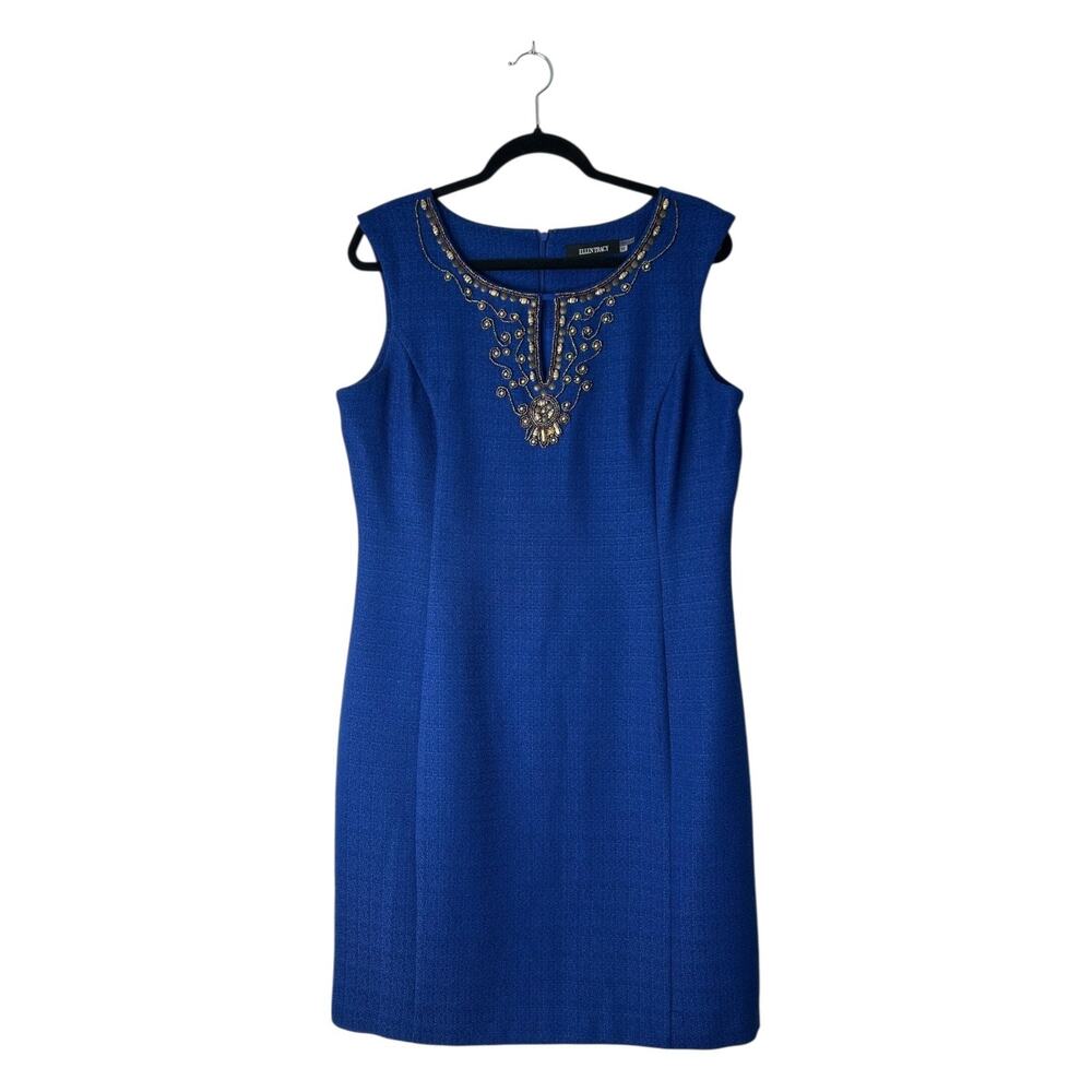 Ellen Tracy Sheath Dress Size‎ 12 Blue Sleeveless Beaded Embellished Neckline